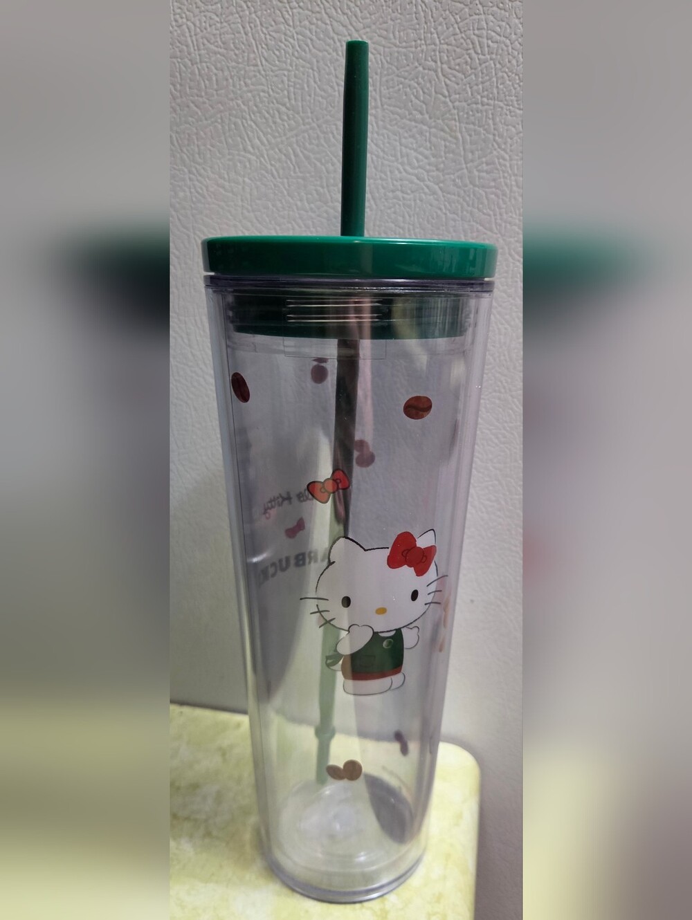 Starbucks Green Lid Hello Kitty Clear Travel Tumbler with Red Accents